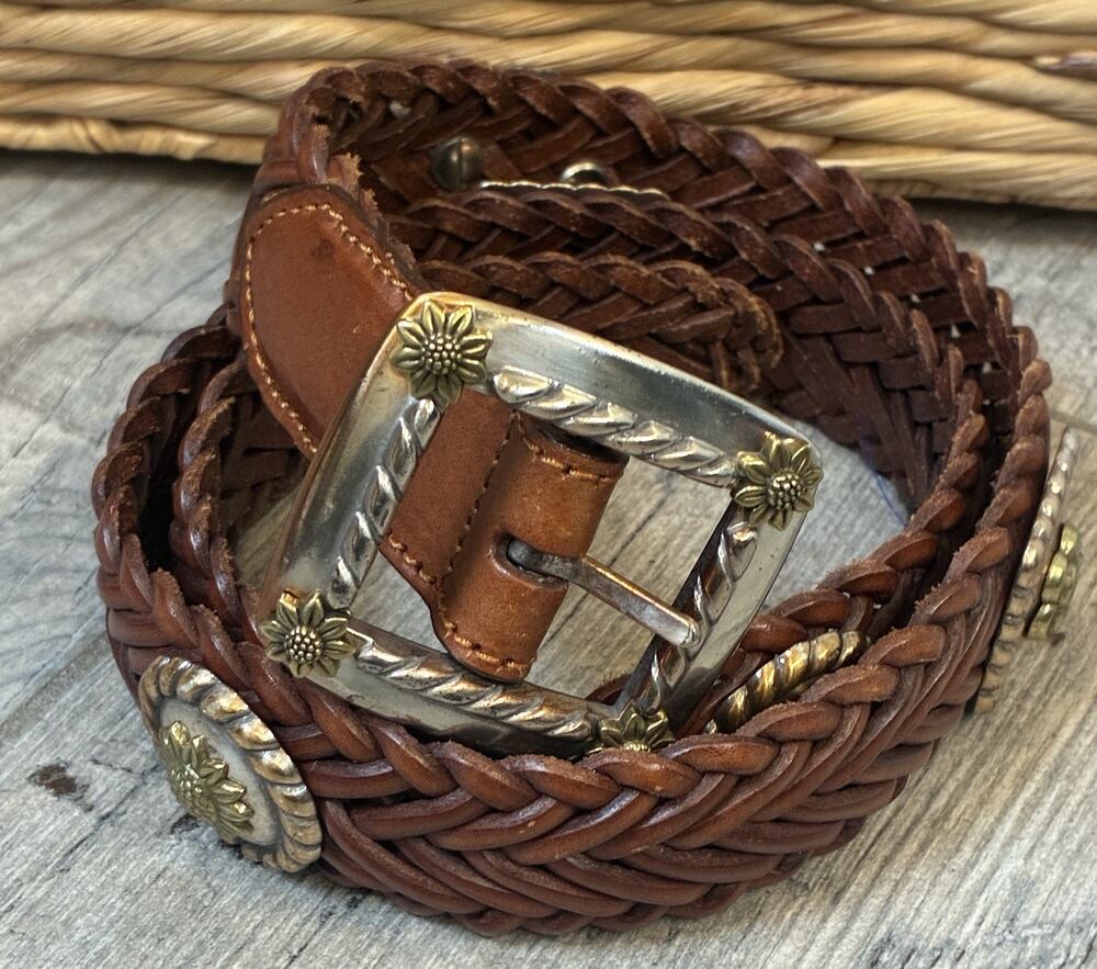 Vintage 90s Brighton Sunflower Leather Belt Cottagecore Boho Western Concho Lg